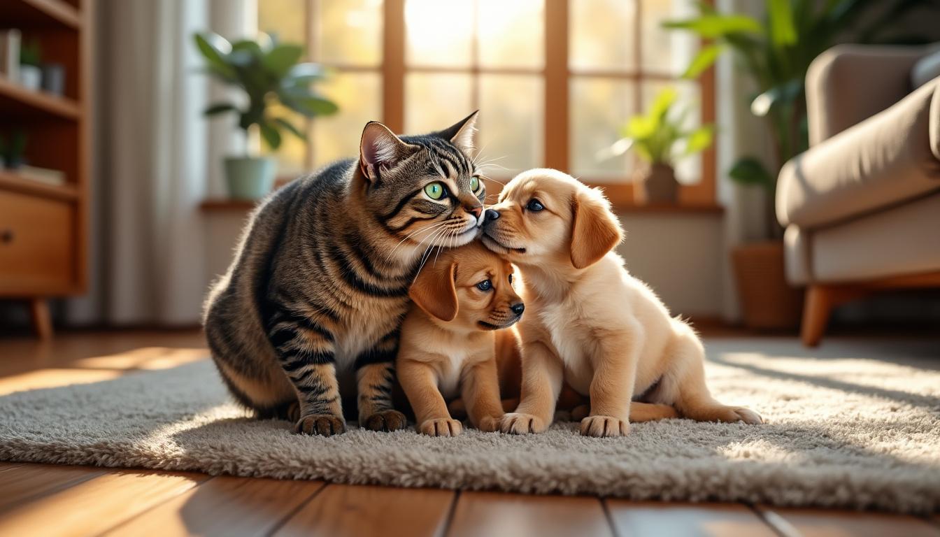 découvrez l'histoire touchante d'une chatte tabby qui adopte des chiots nouveau-nés, les élevant comme ses propres petits avec amour et dévouement.