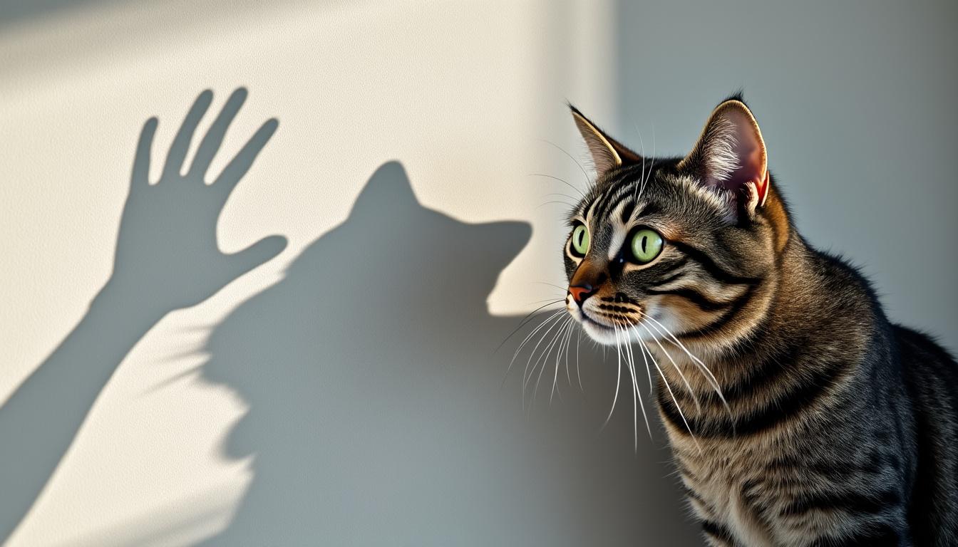 regardez cette vidéo amusante où un chat joue avec l'ombre de la main de son propriétaire projetée sur le mur, offrant un moment de douceur et de divertissement.