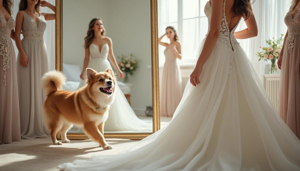découvrez le moment adorable où le chien de la mariée fait une entrée irrésistible lors de la révélation de la robe de mariée, ajoutant une touche de tendresse et de magie à ce jour unique.