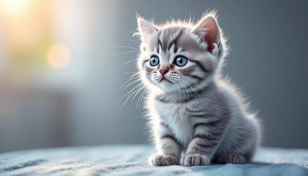 découvrez l'élégance d'un chaton précieux en argent, une boule de poils charmante aux yeux captivants qui illumine votre quotidien avec douceur et style.